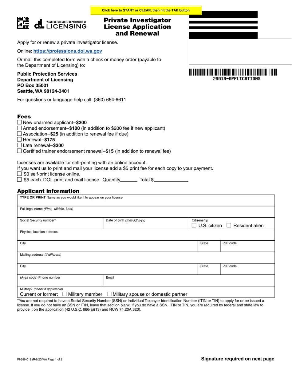 Form PI-689-012 Private Investigator License Application and Renewal - Washington, Page 1