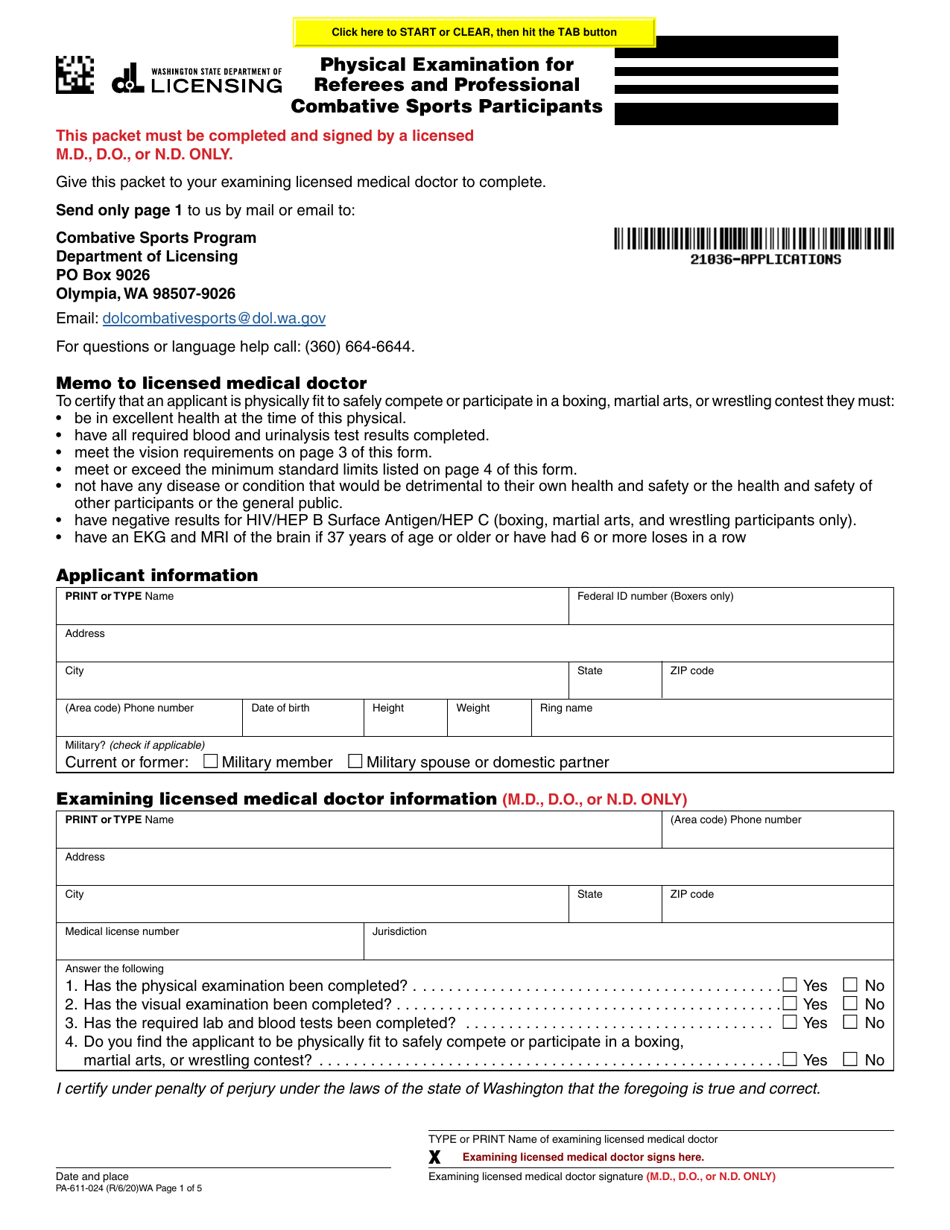 Form PA-611-024 Physical Examination for Referees and Professional Combative Sports Participants - Washington, Page 1