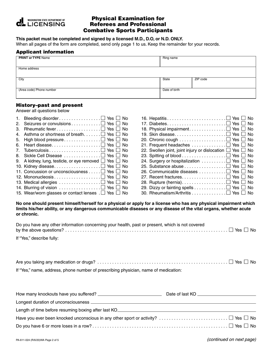 Form PA-611-024 Physical Examination for Referees and Professional Combative Sports Participants - Washington, Page 2