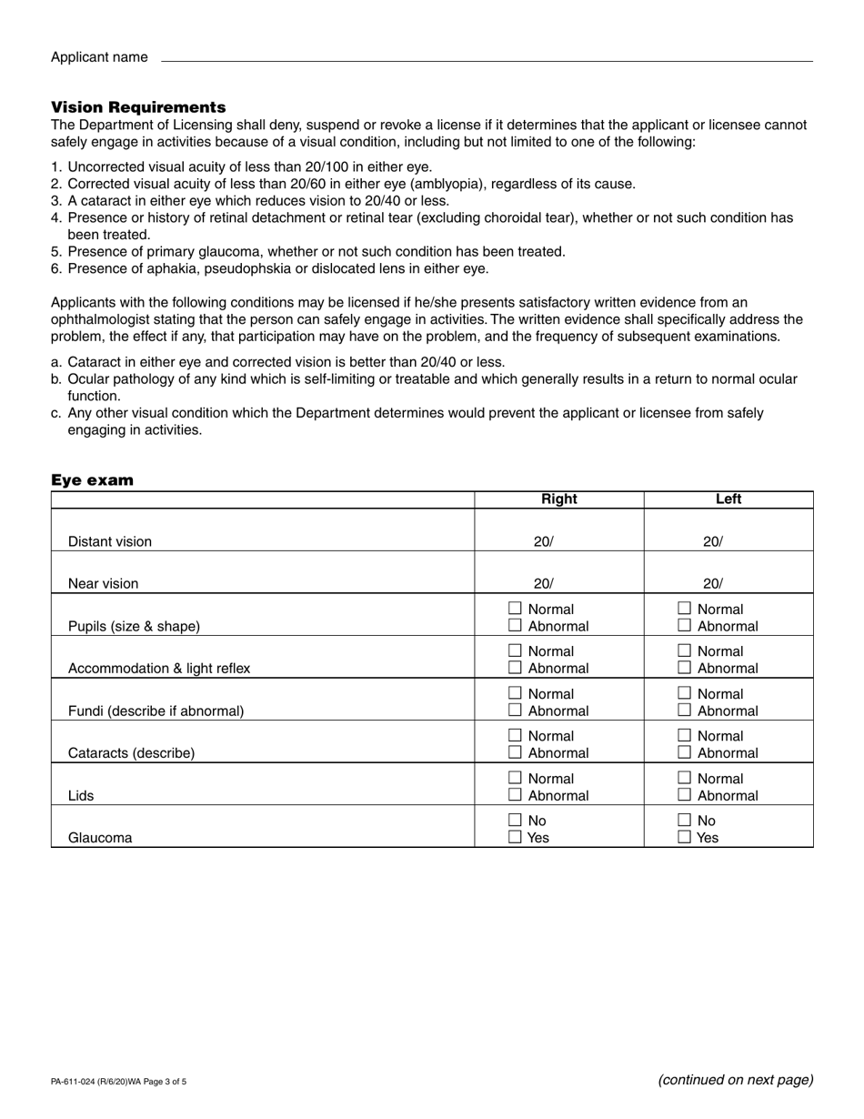 Form PA-611-024 Physical Examination for Referees and Professional Combative Sports Participants - Washington, Page 3