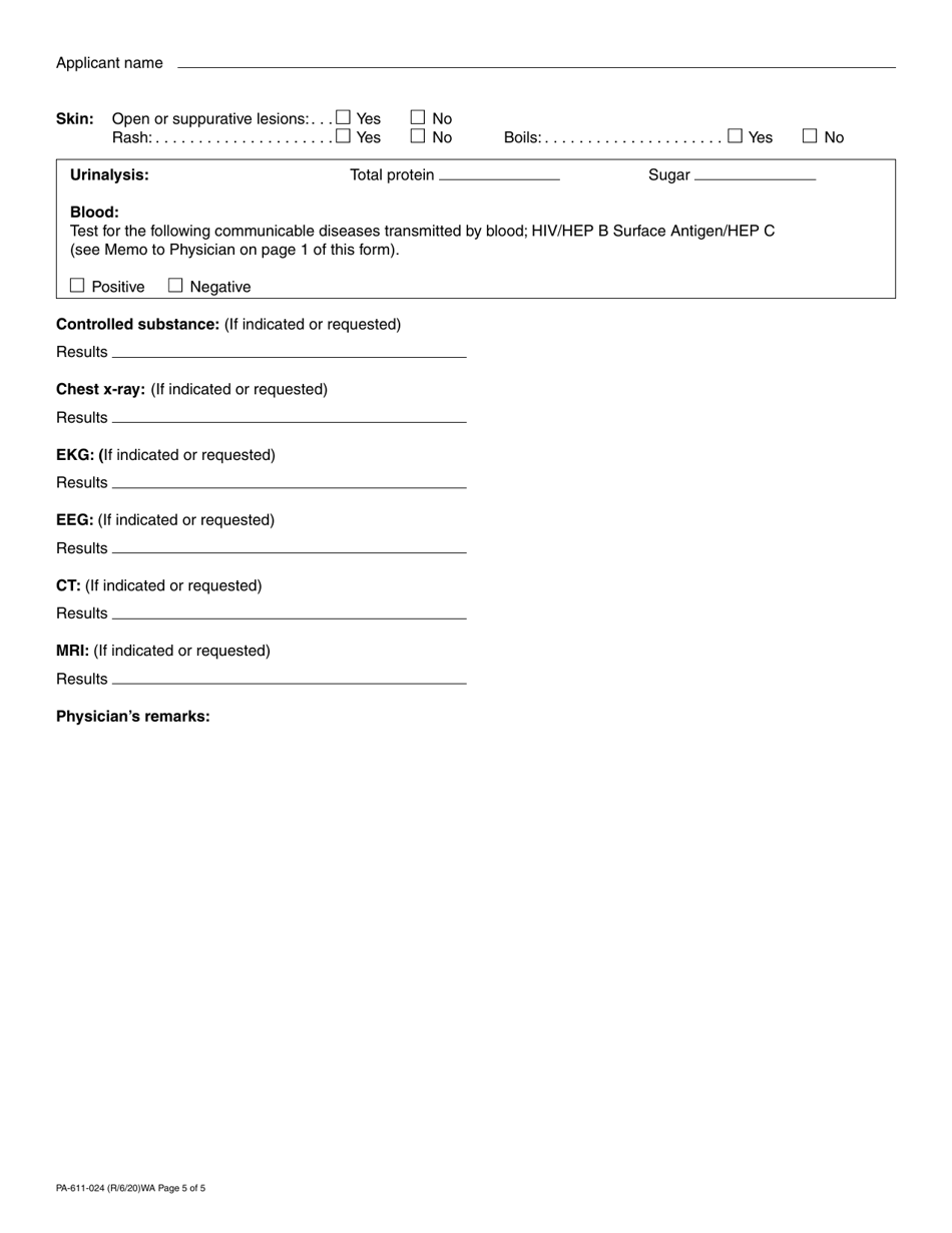 Form PA-611-024 Physical Examination for Referees and Professional Combative Sports Participants - Washington, Page 5