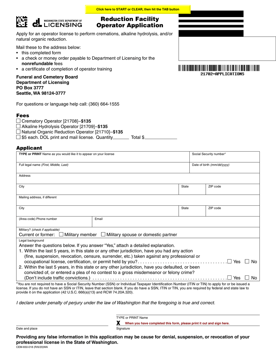 Form CEM-650-018 Reduction Facility Operator Application - Washington, Page 1
