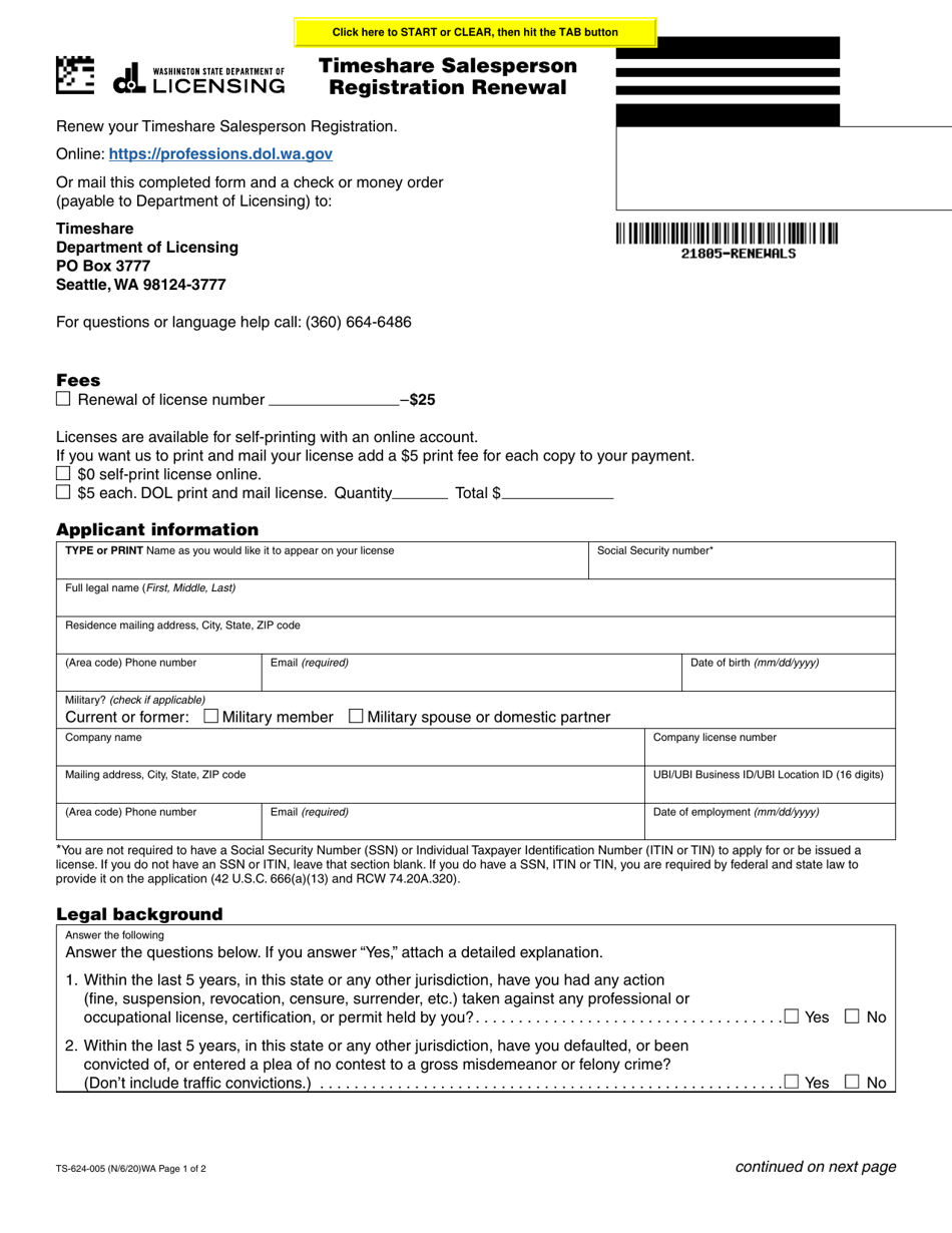 Form TS-624-005 Timeshare Salesperson Registration Renewal - Washington, Page 1