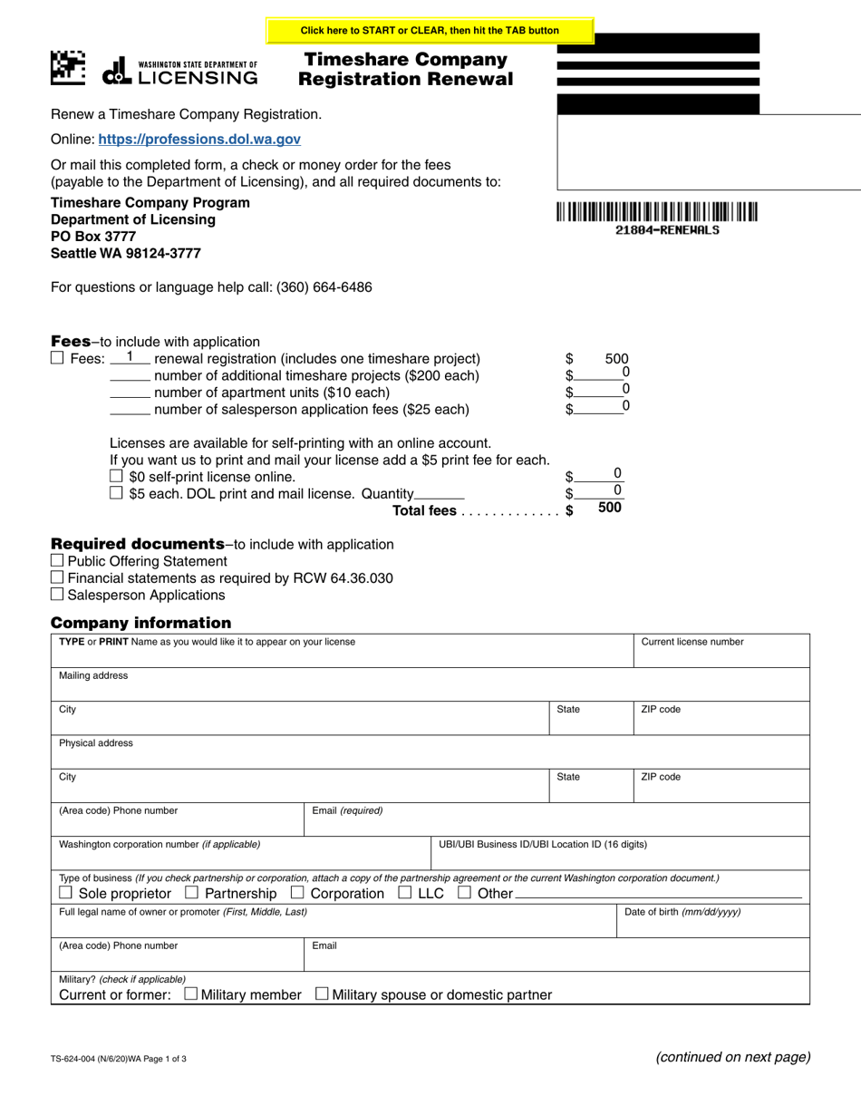 Form TS-624-004 Timeshare Company Registration Renewal - Washington, Page 1
