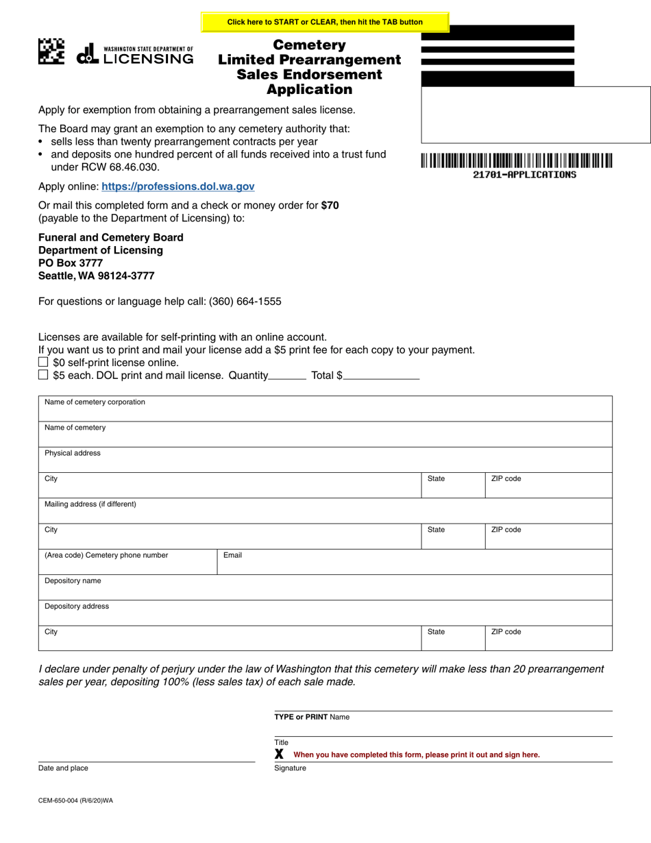 Form CEM-650-004 Cemetery Limited Prearrangement Sales Endorsement Application - Washington, Page 1
