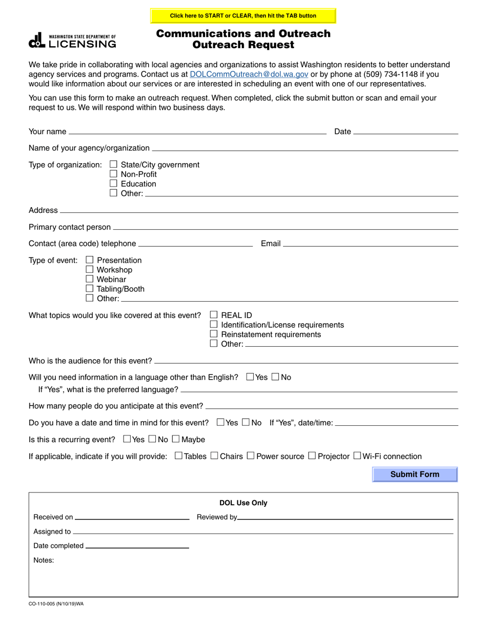 Form CO-110-005 Communications and Outreach Outreach Request - Washington, Page 1