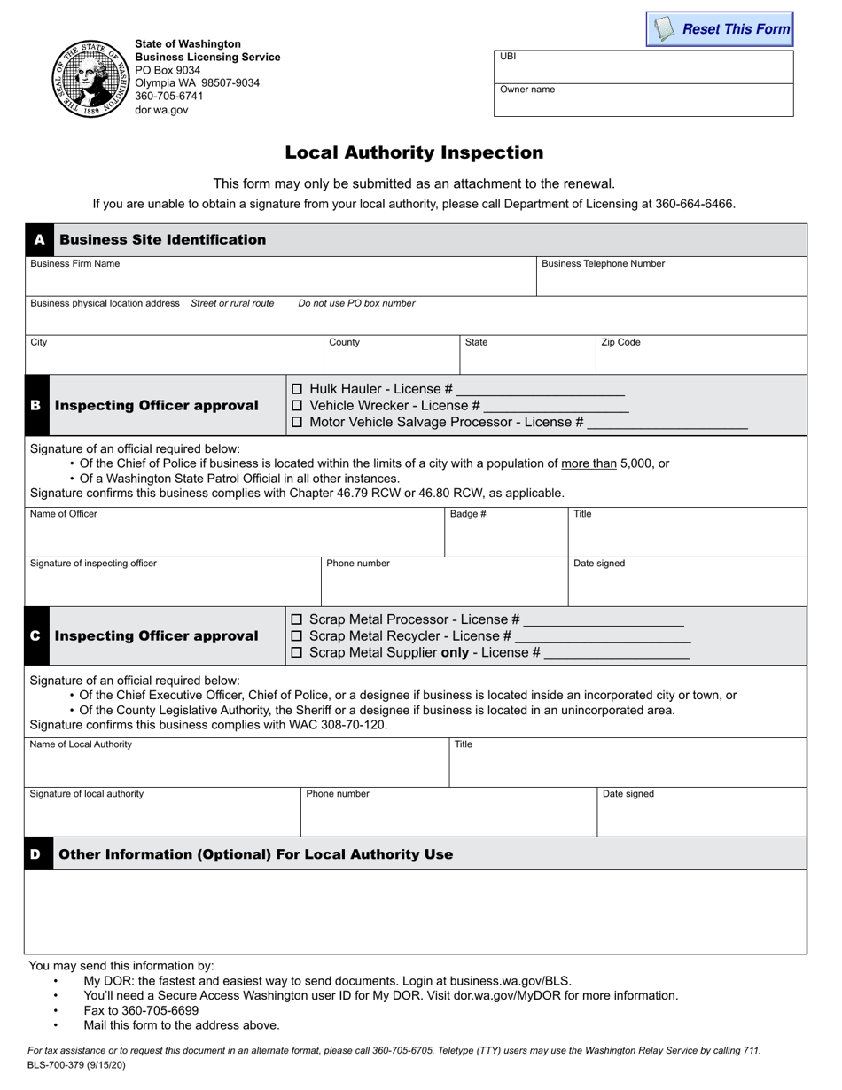Form BLS-700-379 Local Authority Inspection - Washington, Page 1