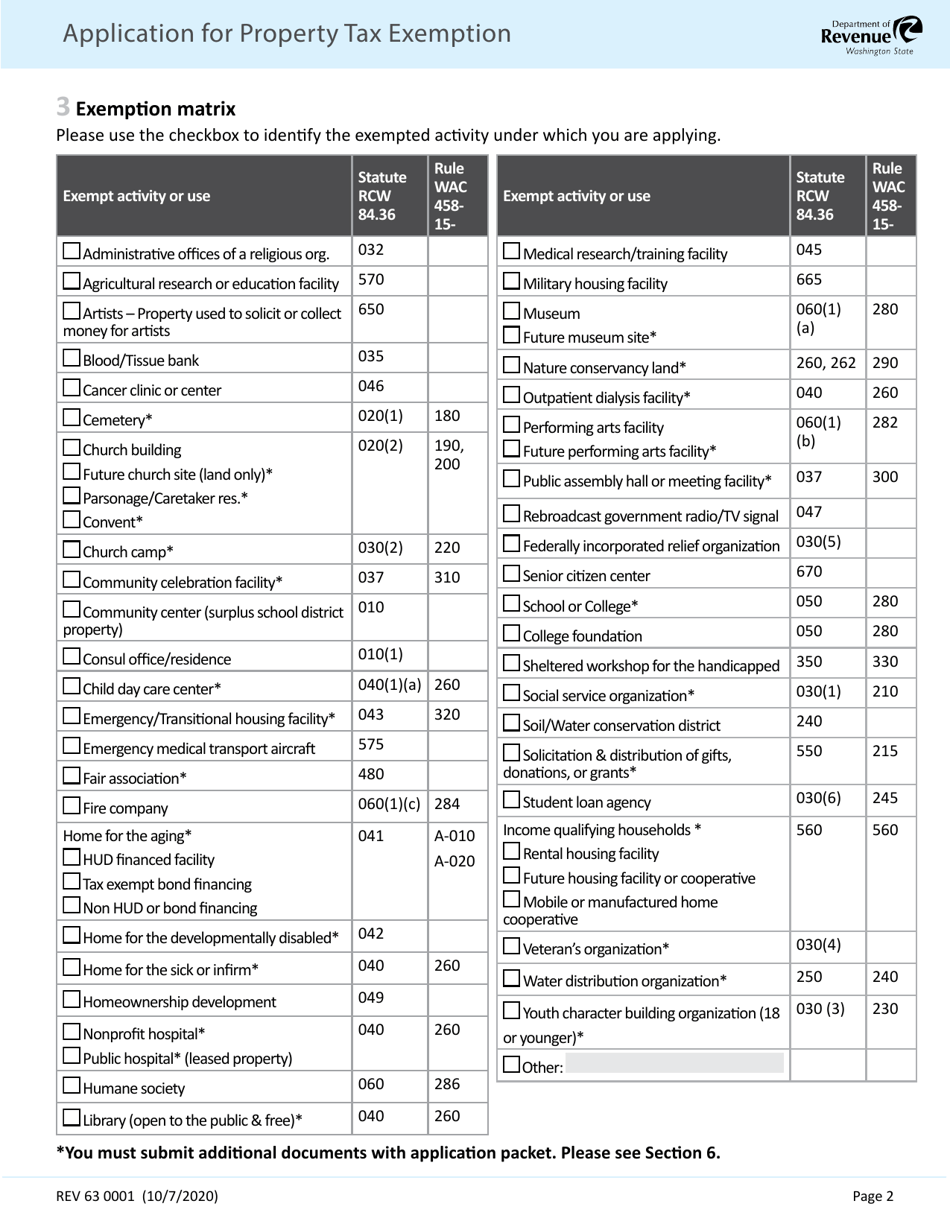 Form REV63 0001 Application for Property Tax Exemption - Washington, Page 2