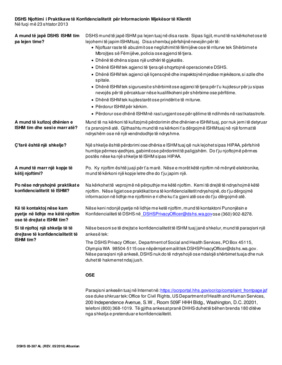 DSHS Form 03-387 Dshs Notice of Privacy Practices for Client Medical Information - Washington (English / Albanian), Page 2