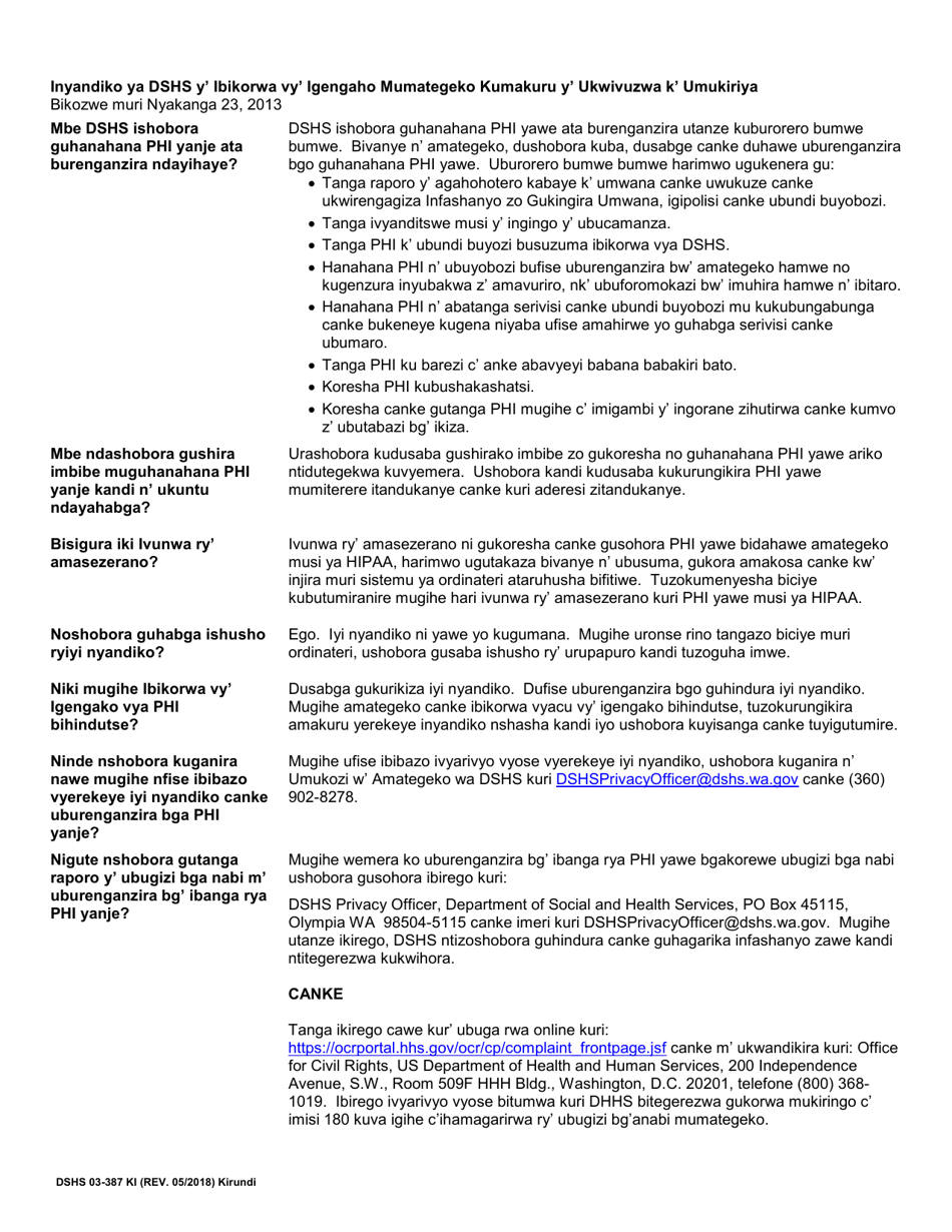 DSHS Form 03-387 Dshs Notice of Privacy Practices for Client Medical Information - Washington (English / Kirundi), Page 2