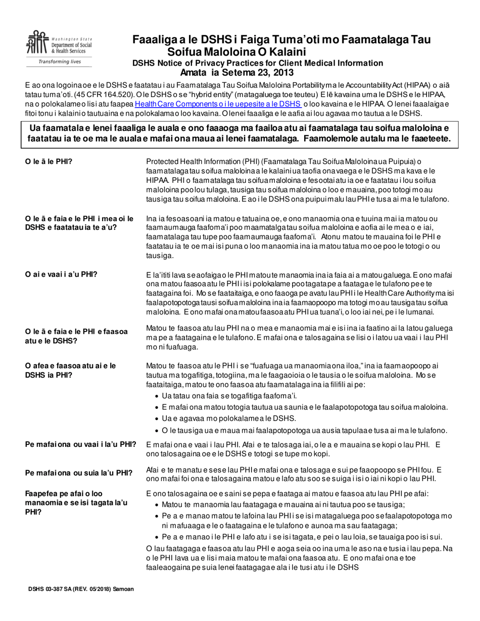 DSHS Form 03-387 Dshs Notice of Privacy Practices for Client Medical Information - Washington (English / Samoan), Page 1