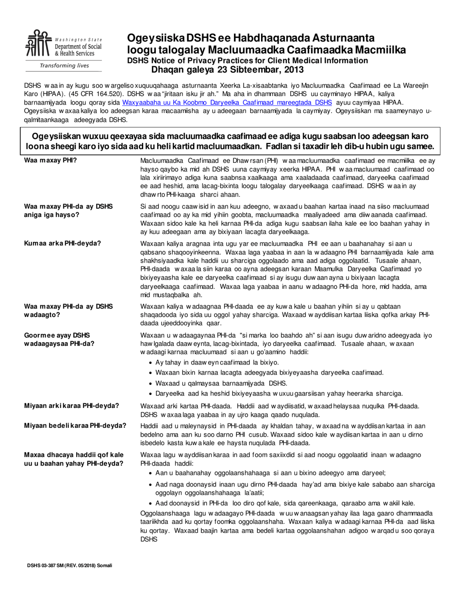 DSHS Form 03-387 Dshs Notice of Privacy Practices for Client Medical Information - Washington (English / Somali), Page 1