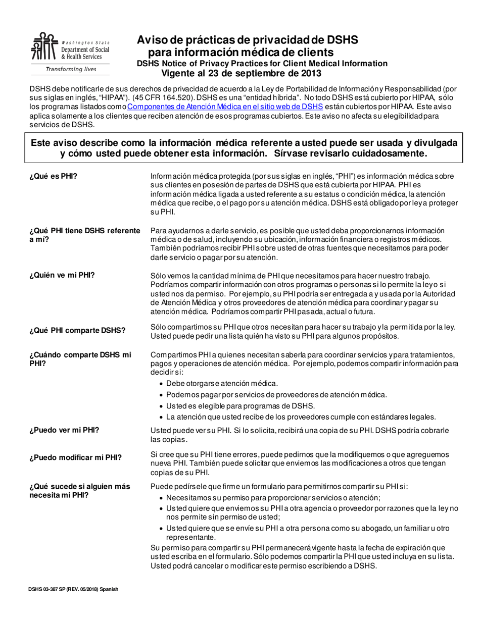DSHS Formulario 03-387 Aviso De Practicas De Privacidad De Dshs Para Informacion Medica De Clients - Washington (Spanish), Page 1
