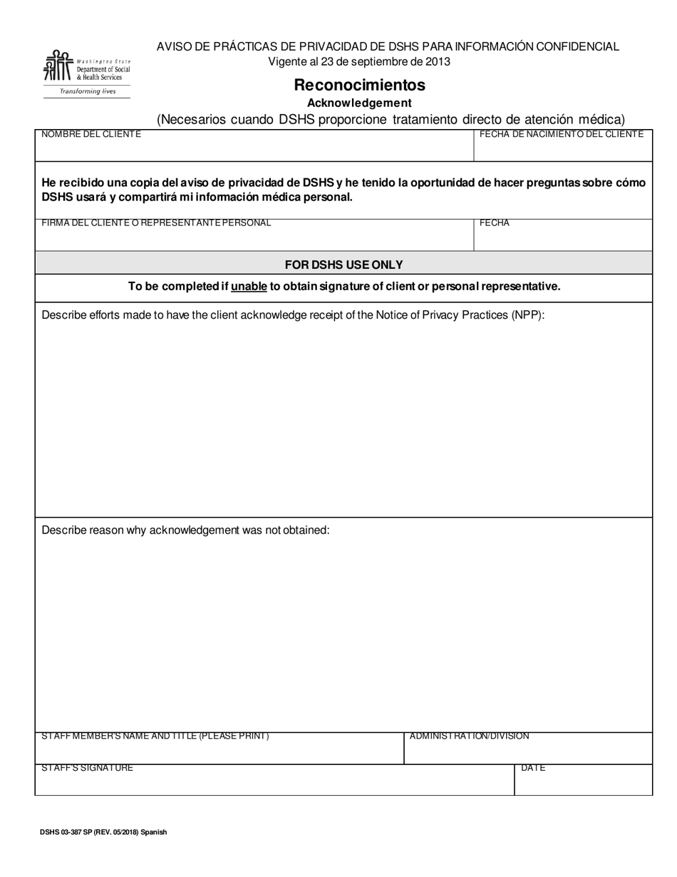 DSHS Formulario 03-387 Aviso De Practicas De Privacidad De Dshs Para Informacion Medica De Clients - Washington (Spanish), Page 3