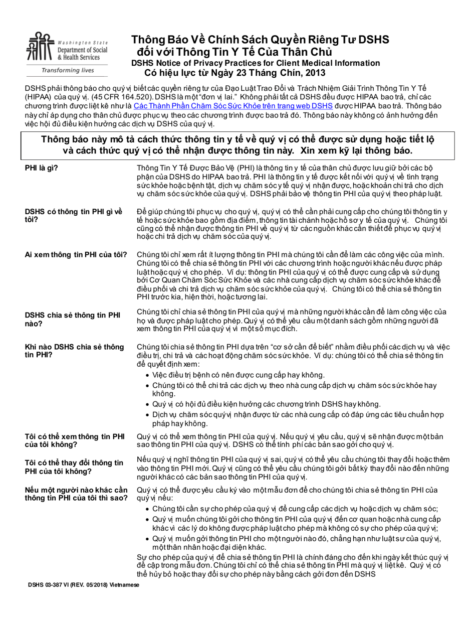 DSHS Form 03-387 Dshs Notice of Privacy Practices for Client Medical Information - Washington (English / Vietnamese), Page 1