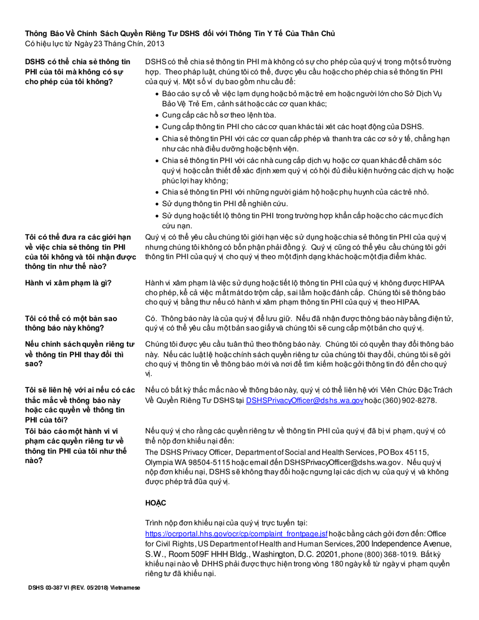 DSHS Form 03-387 Dshs Notice of Privacy Practices for Client Medical Information - Washington (English / Vietnamese), Page 2