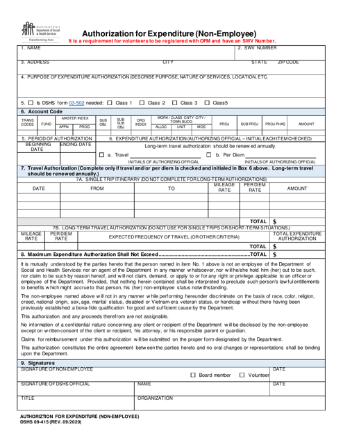 DSHS Form 09-415 Authorization for Expenditure (Non-employee) - Washington