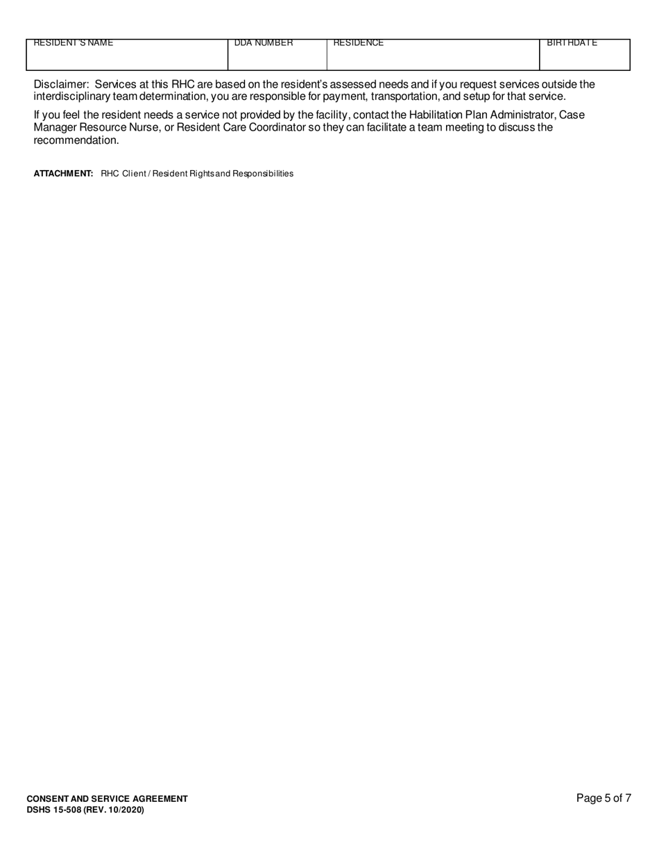 DSHS Form 15-508 Consent and Service Agreement - Washington, Page 5