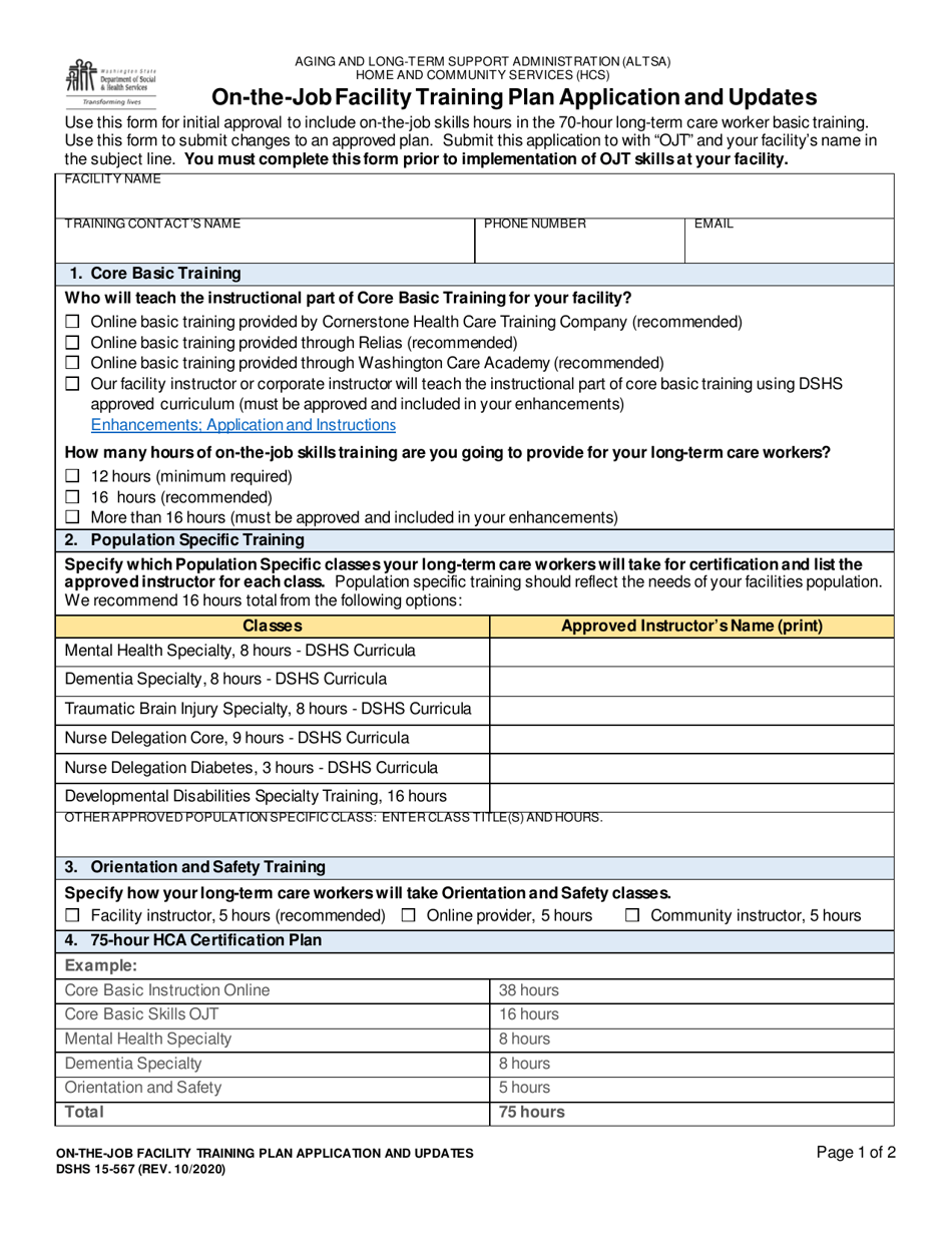 DSHS Form 15-567 On-The-Job Facility Training Plan Application and Updates - Washington, Page 1