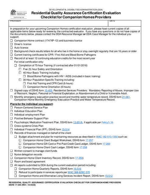 DSHS Form 17-295 Residential Quality Assurance Certification Evaluation Checklist for Companion Homes Providers - Washington