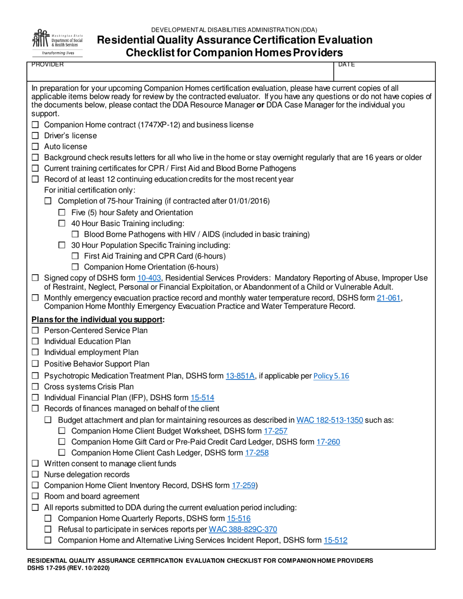 DSHS Form 17-295 Residential Quality Assurance Certification Evaluation Checklist for Companion Homes Providers - Washington, Page 1