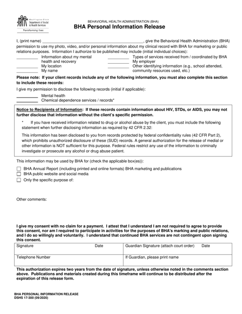 DSHS Form 17-300 Bha Personal Information Release - Washington