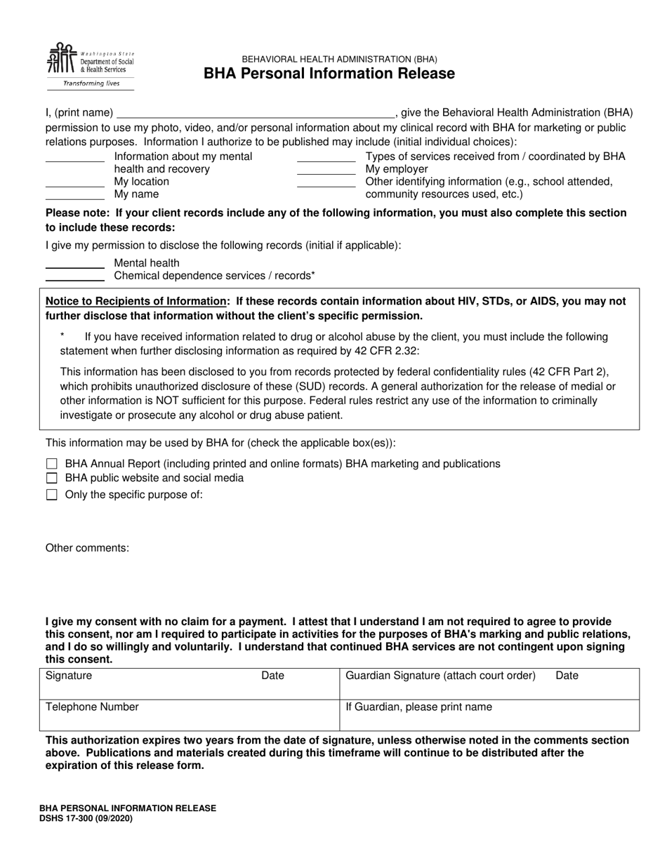 DSHS Form 17-300 Bha Personal Information Release - Washington, Page 1