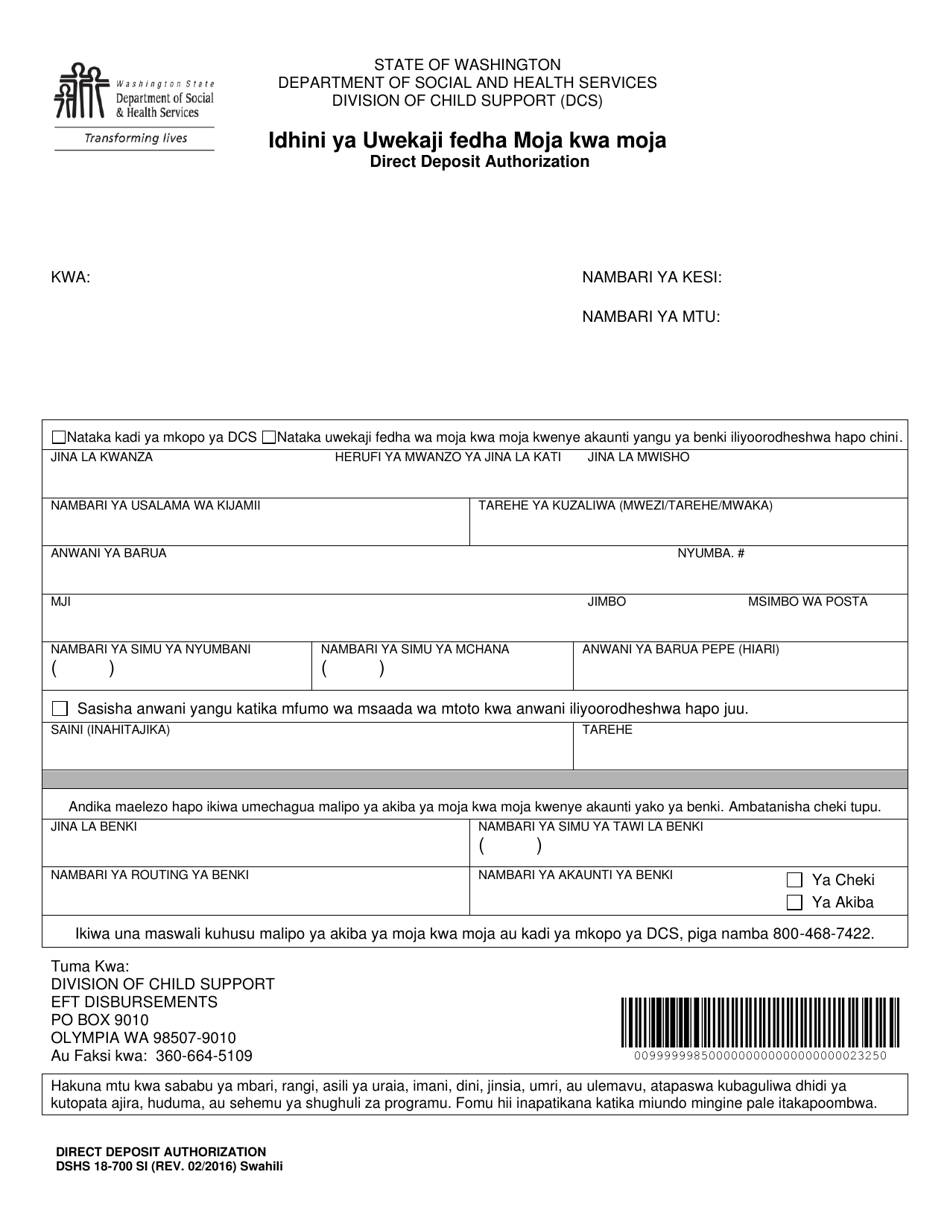 DSHS Form 18-700 Direct Deposit Authorization - Washington (Swahili), Page 1
