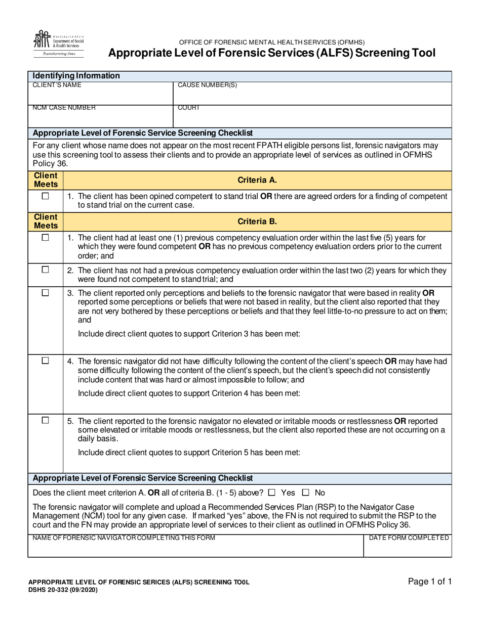 DSHS Form 20-332 Appropriate Level of Forensic Services (Alfs) Screening Tool - Washington, Page 1