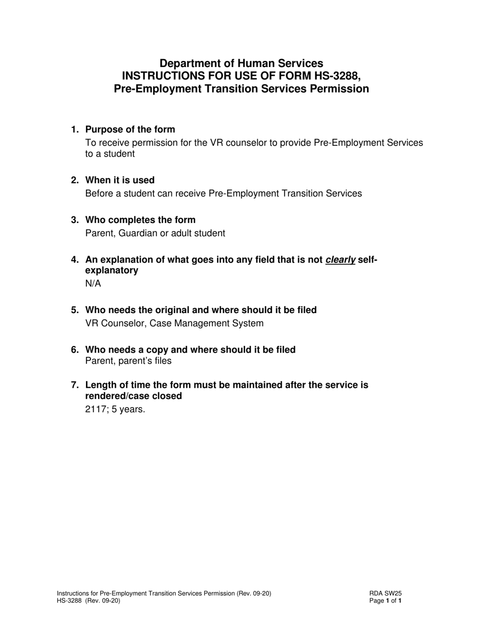 Instructions for Form HS-3288 Pre-employment Transition Services Permission - Tennessee, Page 1