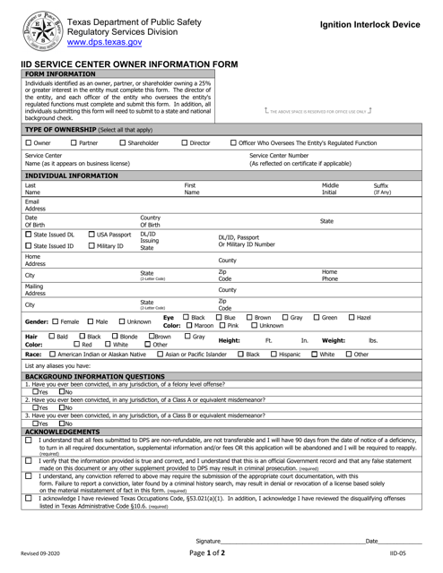 Form IID-05 Iid Service Center Owner Information Form - Texas