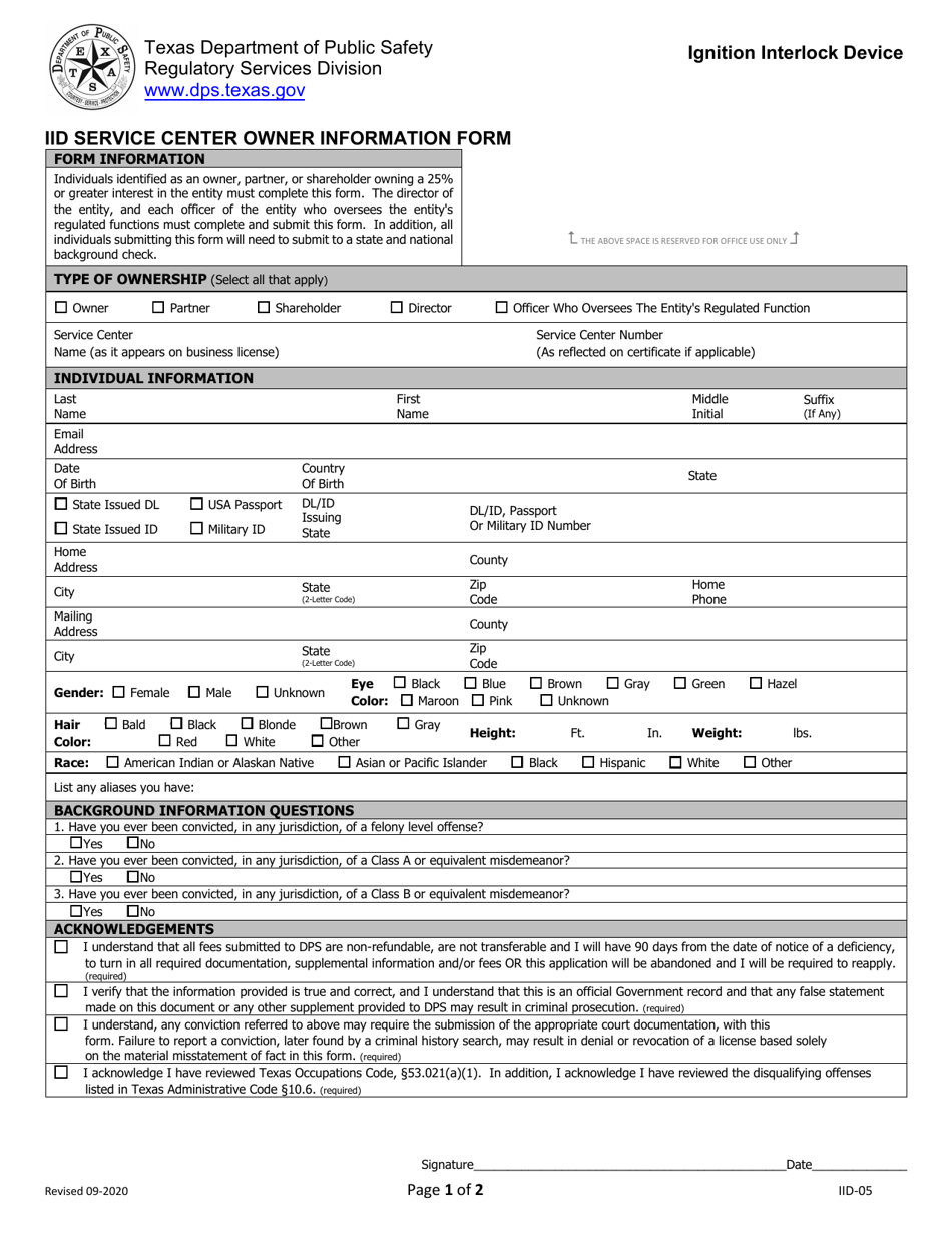 Form IID-05 Iid Service Center Owner Information Form - Texas, Page 1