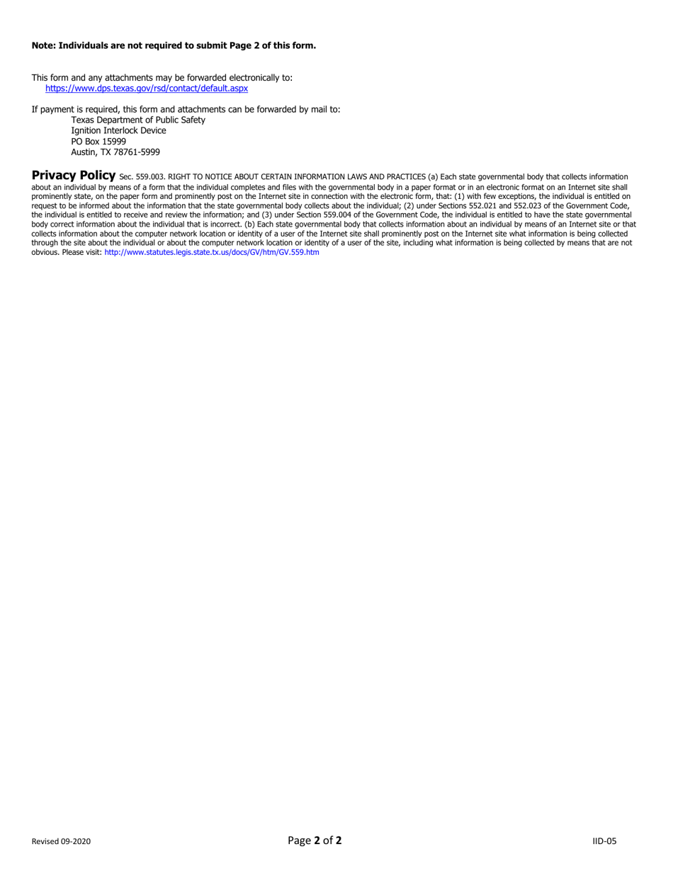 Form IID-05 Iid Service Center Owner Information Form - Texas, Page 2