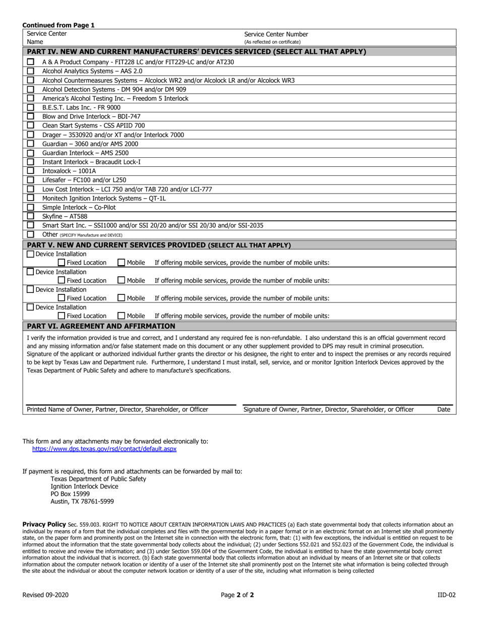 Form IID-02 Ignition Interlock Vendors Information Change Form - Texas, Page 2