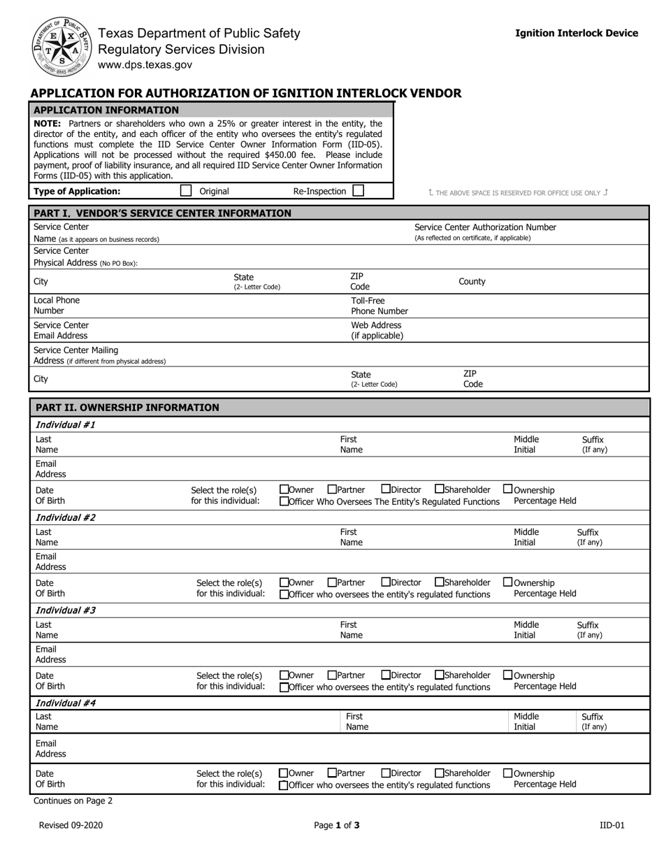 Form IID-01 Application for Certification of Ignition Interlock Vendor - Texas, Page 1