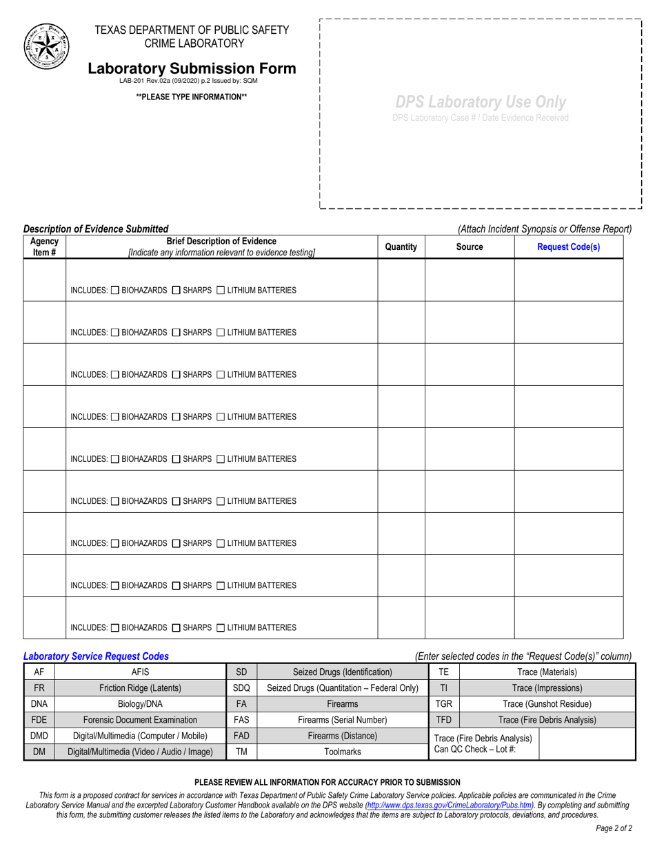 Form LAB-201 Laboratory Submission Form - Texas, Page 2