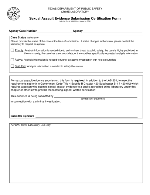 Form LAB-206 Sexual Assault Evidence Submission Certification Form - Texas