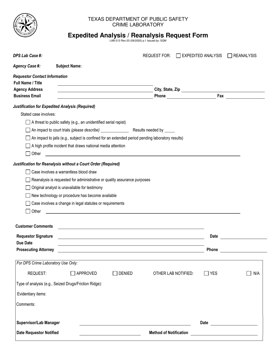 Form LAB-213 Expedited Analysis / Reanalysis Request Form - Texas, Page 1