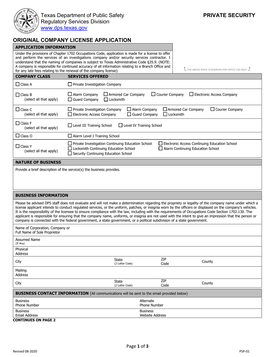 Form PSP-01 Original Company License Application - Texas, Page 1