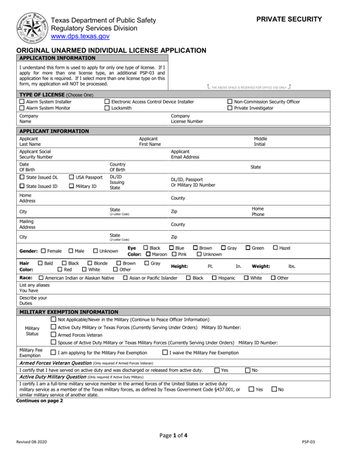 Form PSP-03 Original Unarmed Individual License Application - Texas