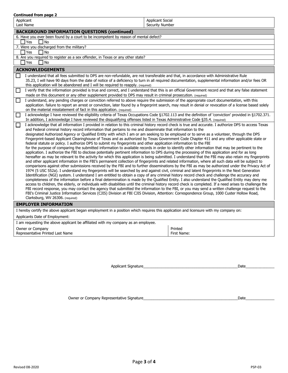 Form PSP-03 - Fill Out, Sign Online and Download Fillable PDF, Texas ...