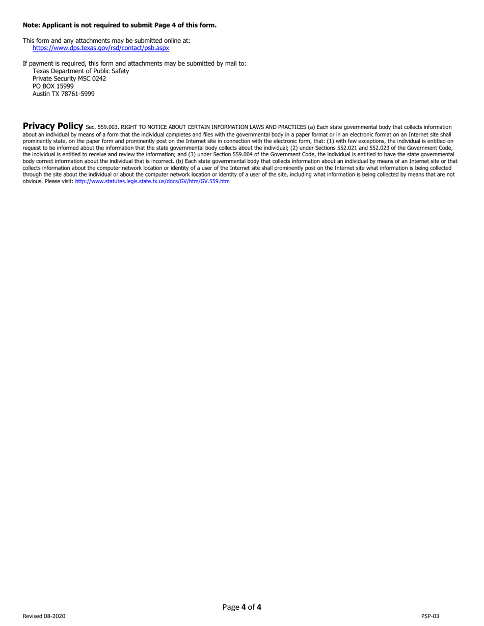 Form PSP-03 Original Unarmed Individual License Application - Texas, Page 4