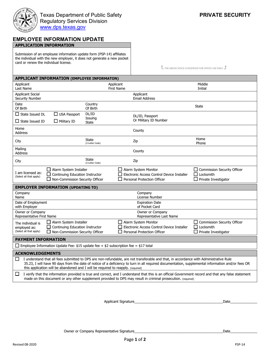 Form PSP-14 Employee Information Update - Texas, Page 1