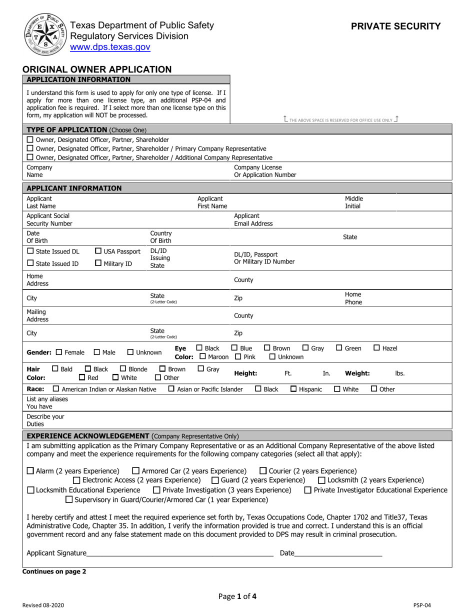 Form PSP-04 Original Owner Application - Texas, Page 1