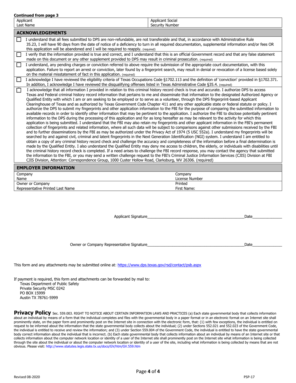 Form PSP-17 Individual License Renewal Application - Texas, Page 4