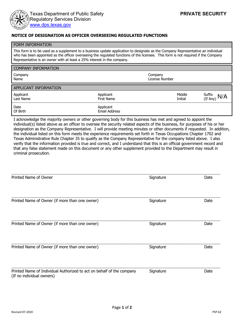 Form PSP-62 Notice of Designation as Officer Overseeing Regulated Functions - Texas, Page 1