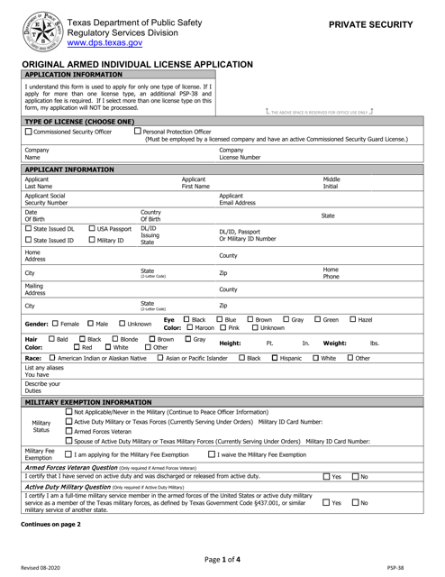 Form PSP-38 Original Armed Individual License Application - Texas
