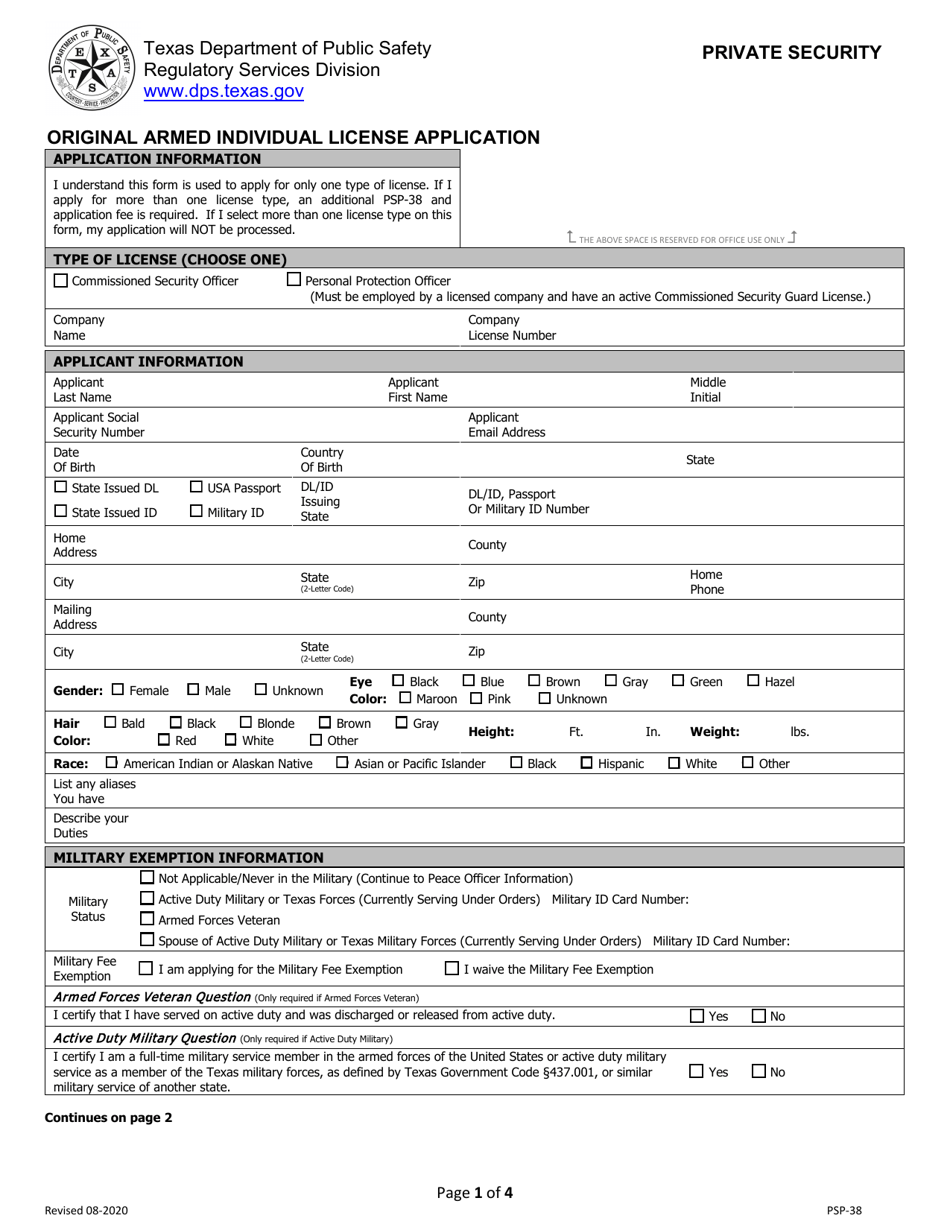 Form PSP-38 Original Armed Individual License Application - Texas, Page 1