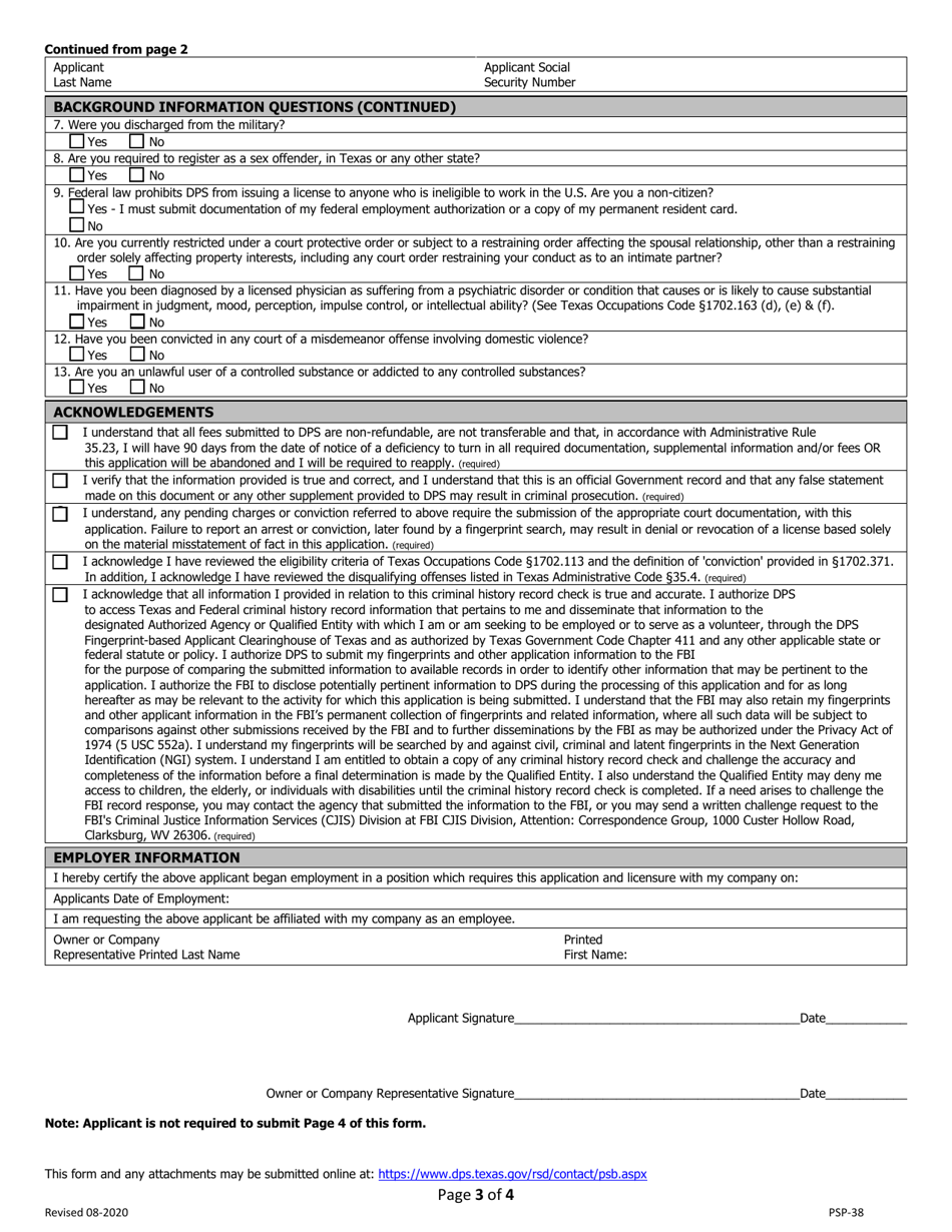 Form PSP-38 Original Armed Individual License Application - Texas, Page 3