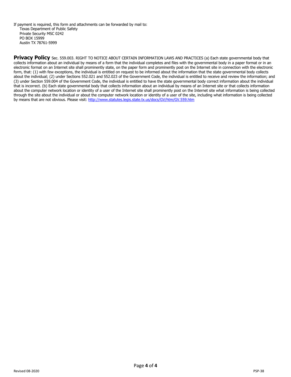 Form PSP-38 Original Armed Individual License Application - Texas, Page 4